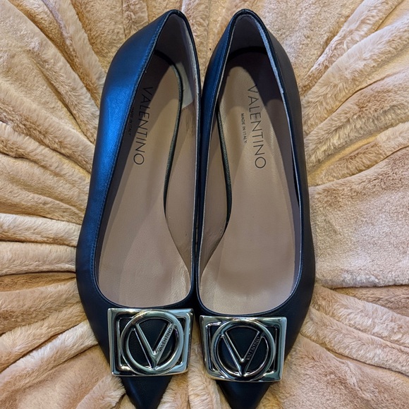 Valentino Shoes - Valentino Mario Black Flats with gold Logo Detail